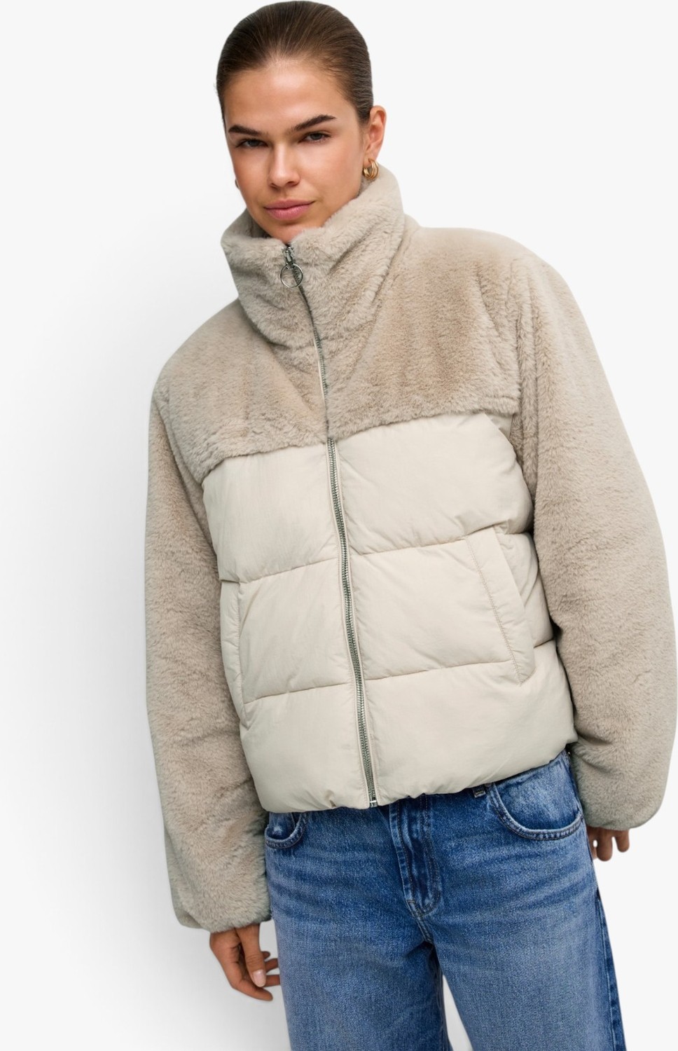Only Onlwanja Fur Puffer Mıx Jacket Noos Otw Kadın Bej Mont - 15292945 görsel 3