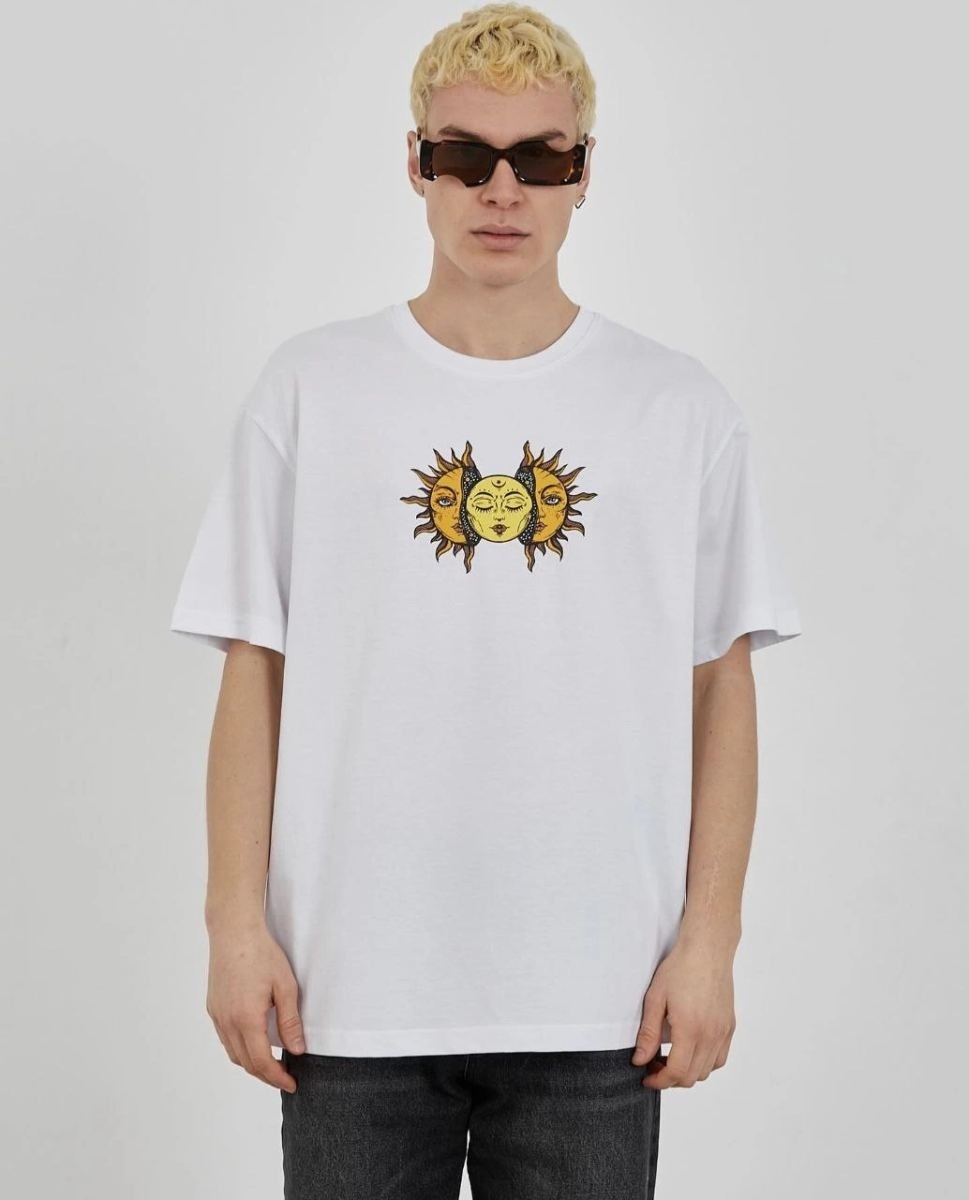 Fantastik Store Erkek Kısa Kol Yazlık Tişört Bisiklet Yaka Baskılı Oversize T-Shirt - Beyaz