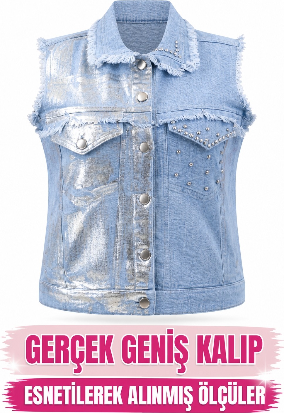 La Velina Büyük Beden Denim Yakalı Düğmeli Parlak Taşlı Kolsuz Eskitme Detaylı Kadın Yelek görsel 2