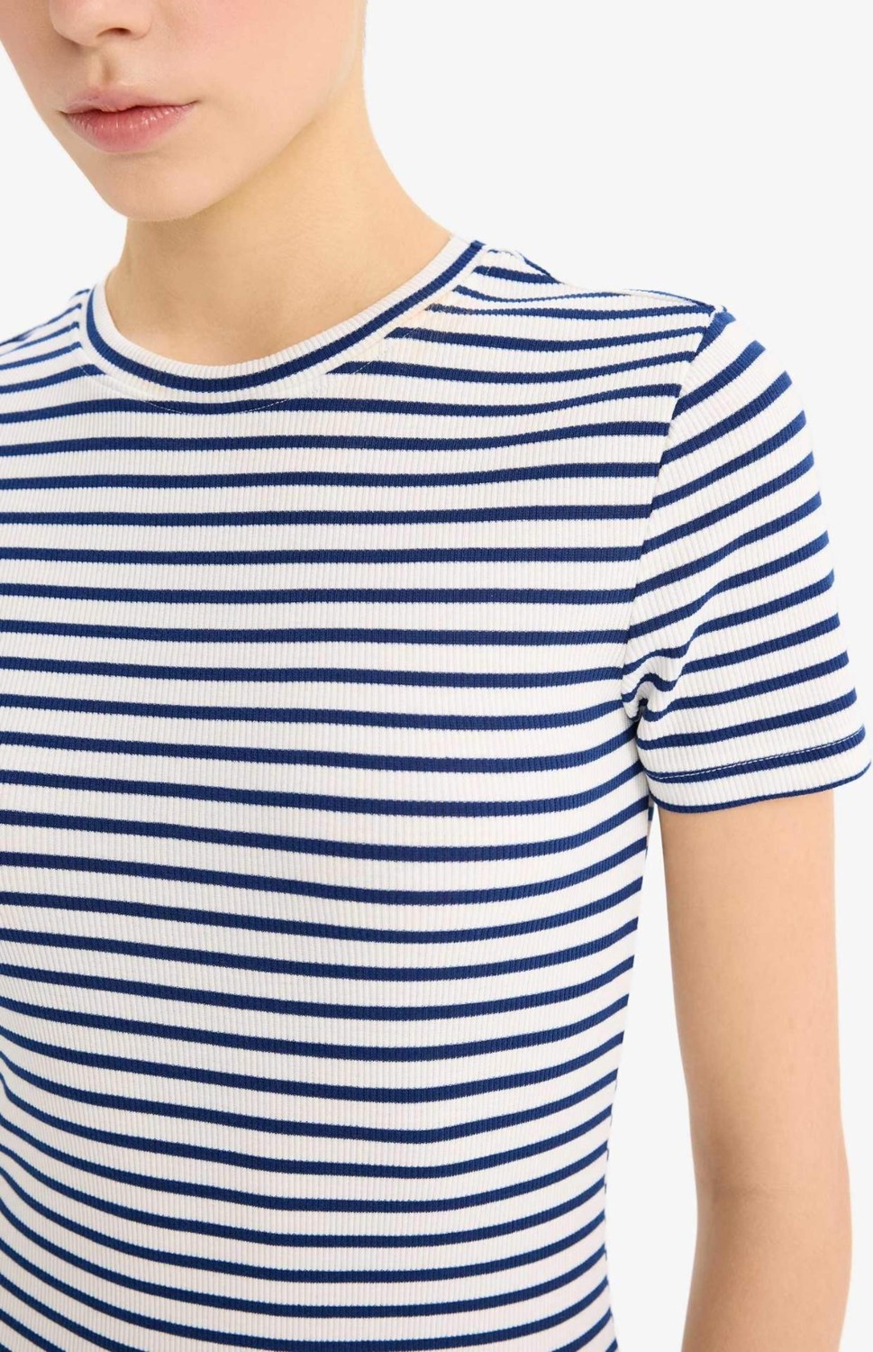 DeFacto Bodycon Vücudu Saran Bisiklet Yaka Çizgili Fitilli Kısa Kollu Mini Elbise C1733AX25SP görsel 5
