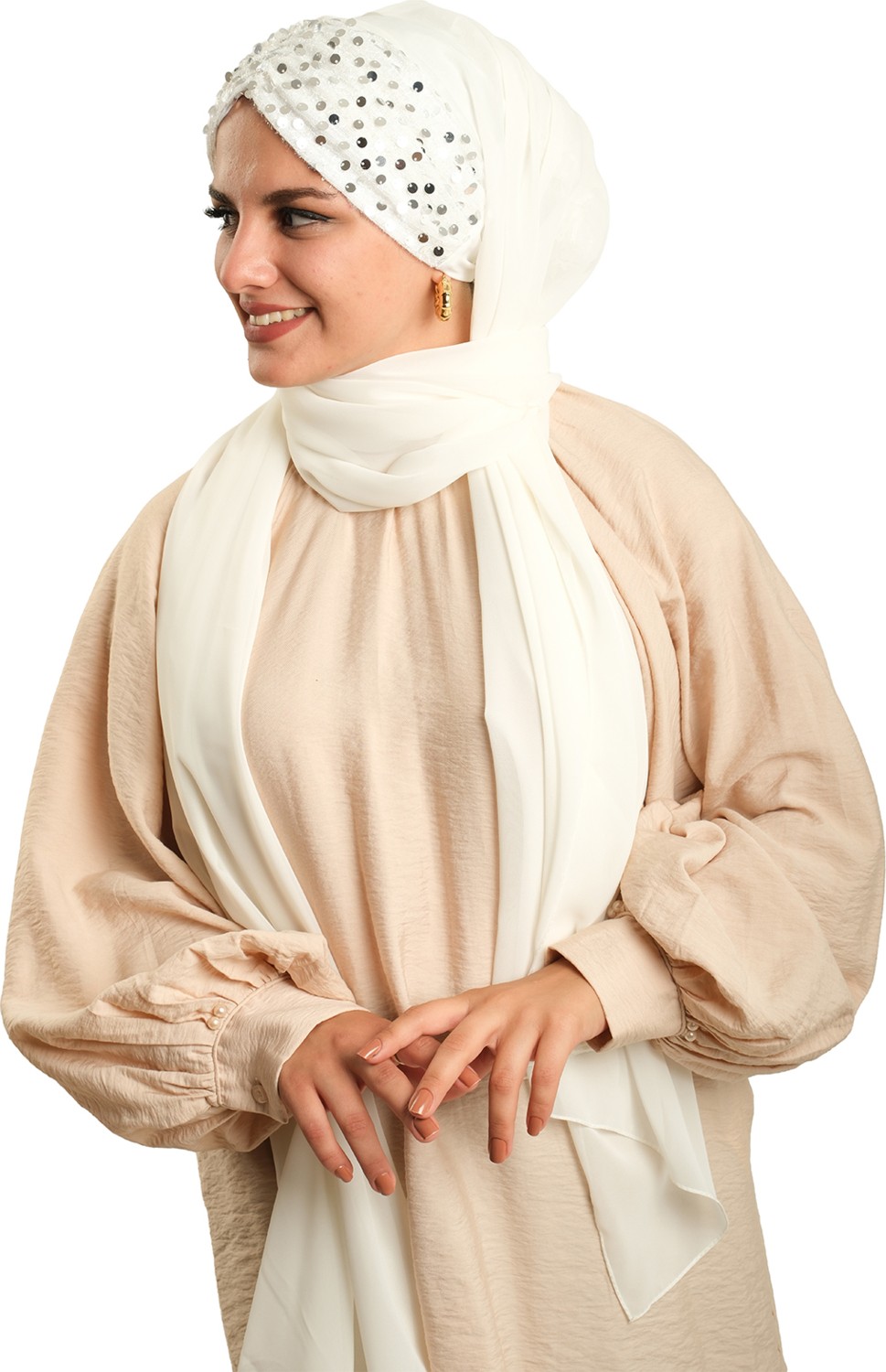 Hürrem Bone Beyaz Arkadan Bağlamalı Şal Şifon Pullu Pileli 1910_42 görsel 2