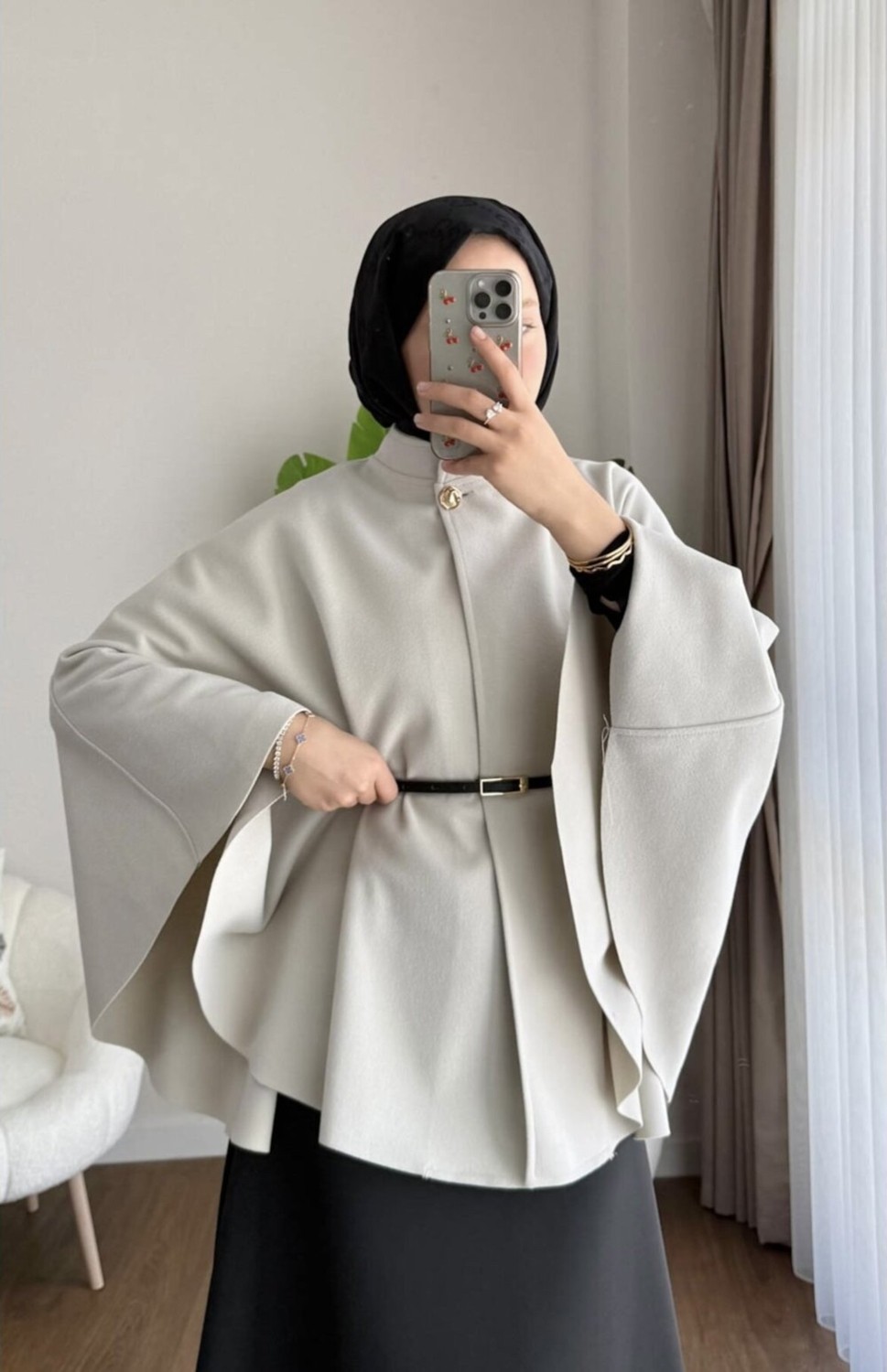 Miraydin Butik Kadın Yeni Sezon Oversize Kemerli Kaşe Panço M25131 - Bej görsel 2