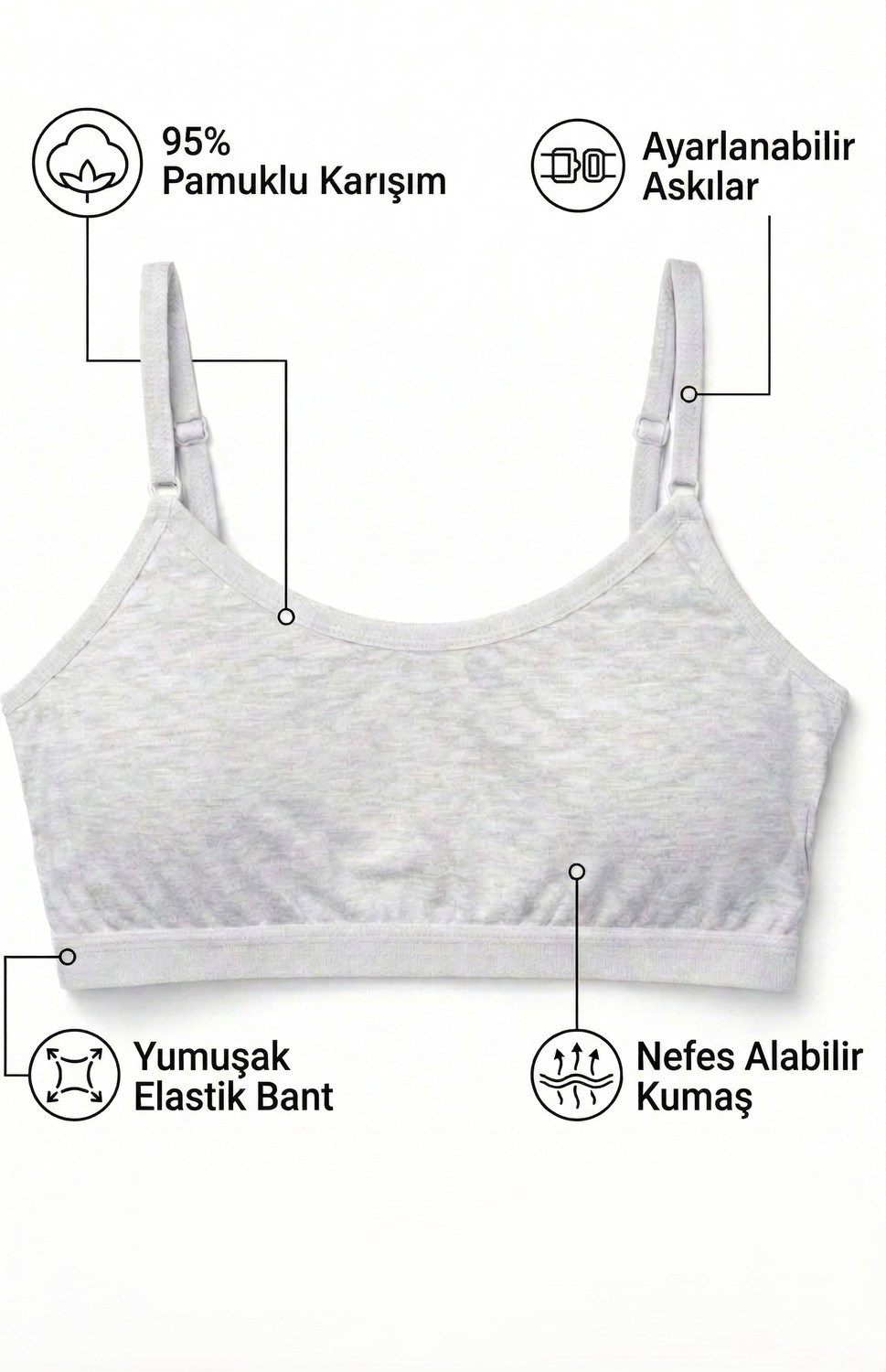 Underwear Bodyway 3'lü Set Pamuklu Basic Bralet | Çıkarılabilir Pedli, Ayarlanabilir Ip Askılı - Siyah + Beyaz + Gri görsel 5