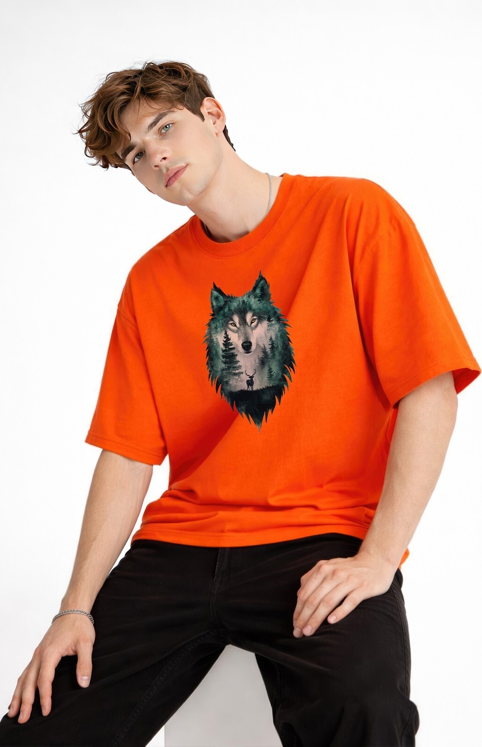 TeknoKapsül Wolf - Oversize Erkek Tişört Turuncu