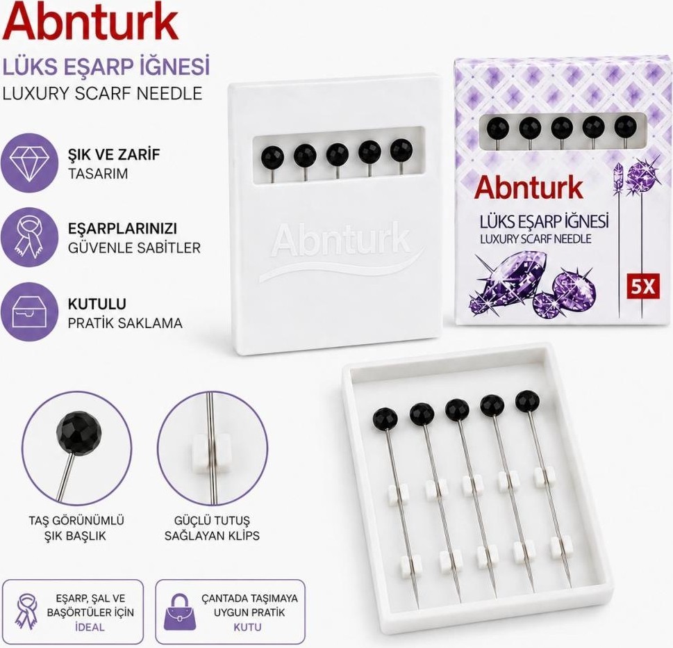 Abnturk 5 Adet Lüks Şık 38MM Siyah Taşlı Eşarp Iğnesi-Şal ve Başörtü Sabitleme Kutulu Iğne Seti