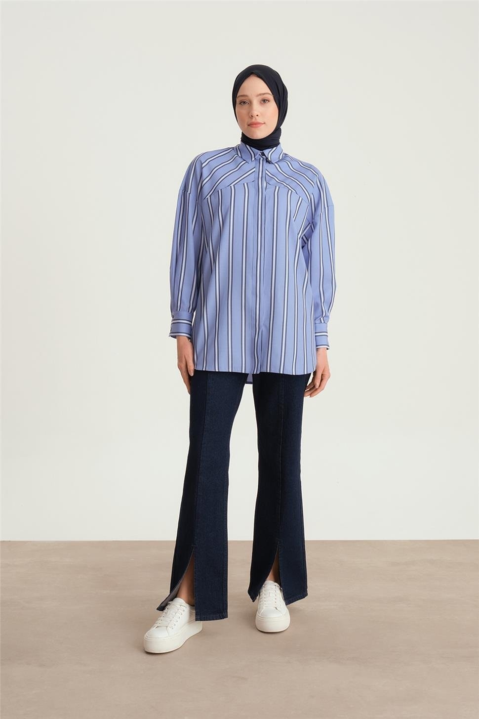 Armine Çizgili Oversize Gömlek 24Y3505 Mavi