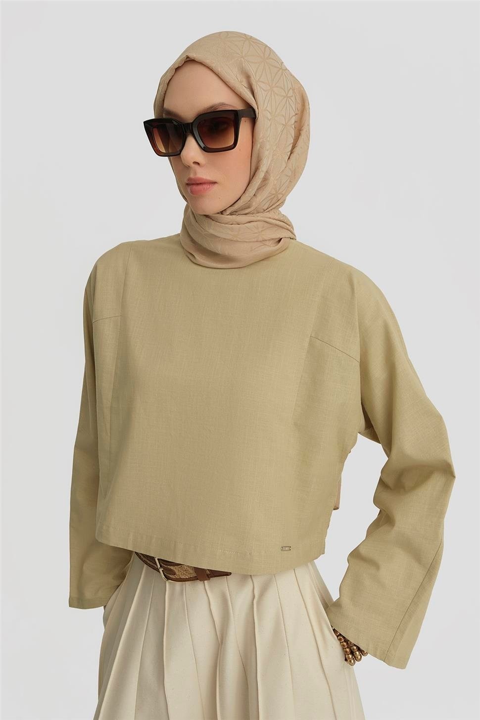Armine Kup Dikiş Detaylı Basic Bluz 25Y3715 Naturel görsel 3