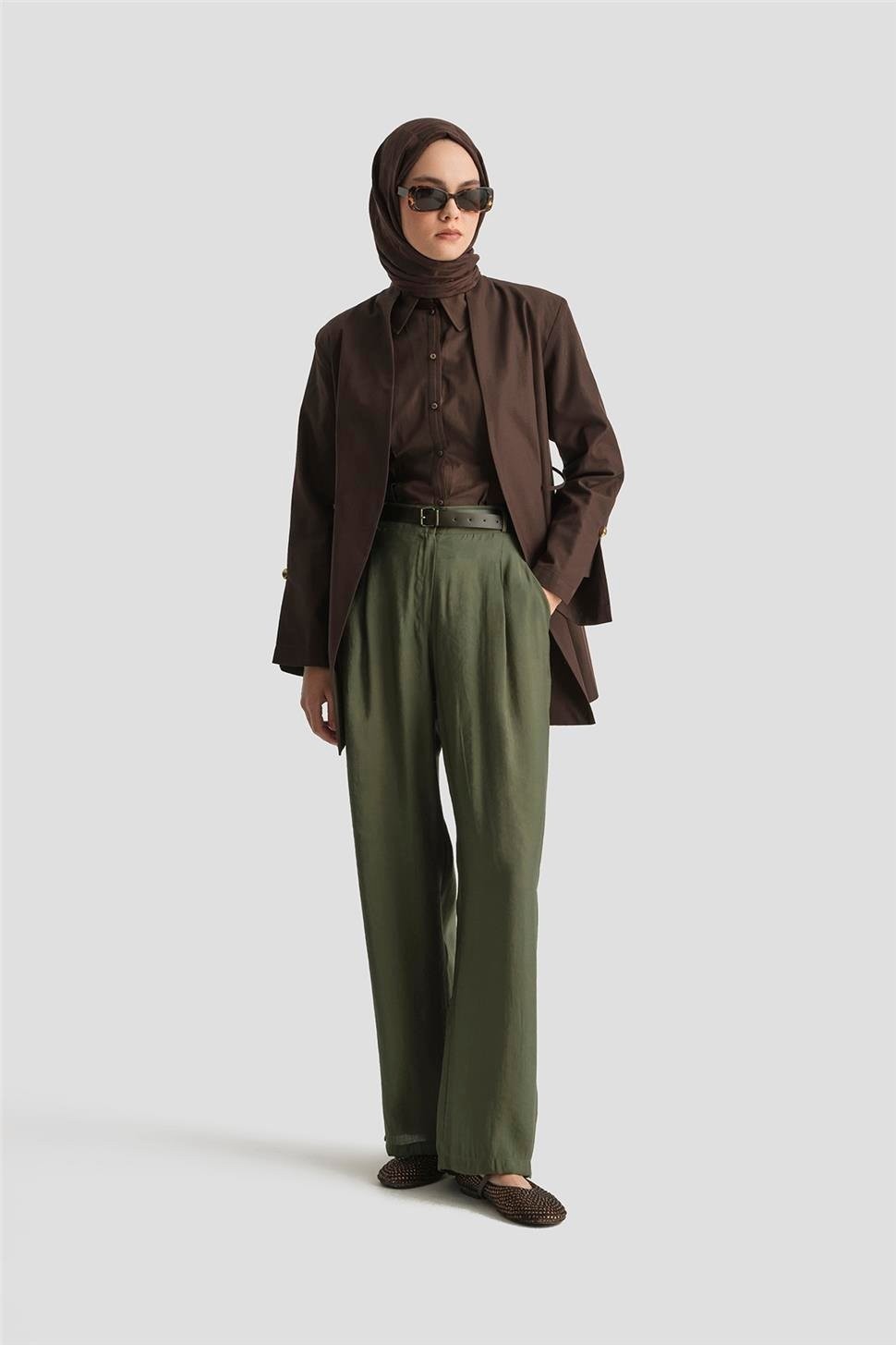 Armine Kemerli Palazzo Tencel Pantolon 25Y2810 Haki