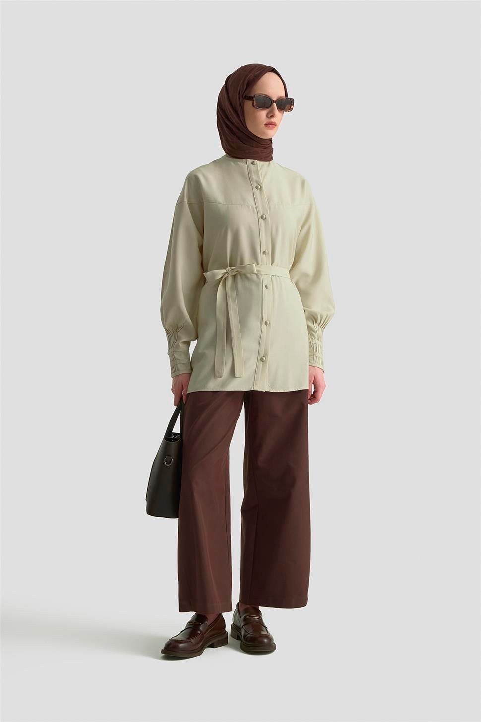Armine Nervürlü Oversize Tunik 25KD9013 Bej görsel 2
