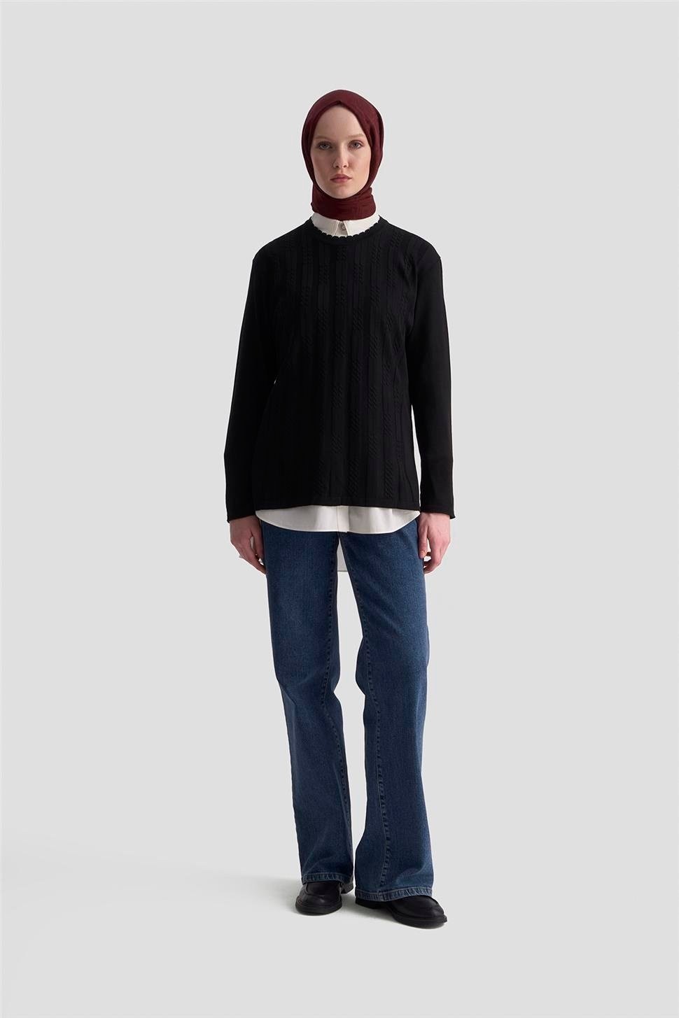 Armine Örgü Desenli Kazak 25KD7004 Siyah
