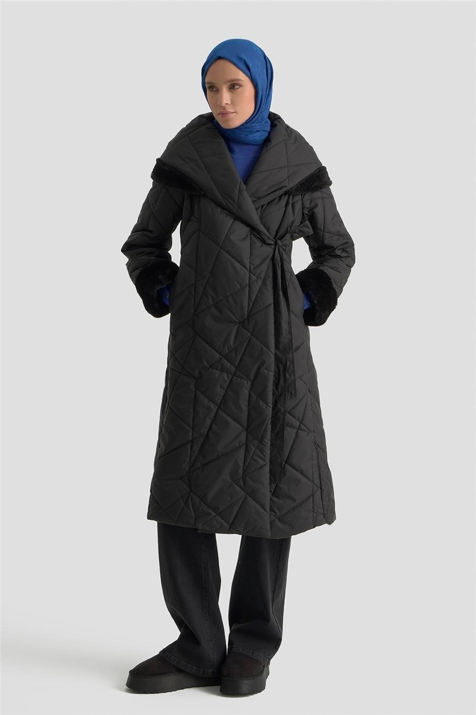 Armine Anvelop Bağlamalı Kapitone Kaban 25KD1403 Siyah görsel 2