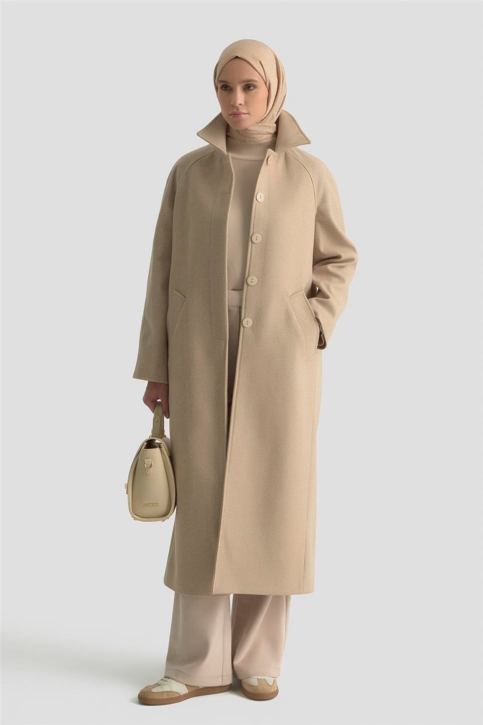 Armine Oversize Kaşe Manto 25KT1708 Bej görsel 3