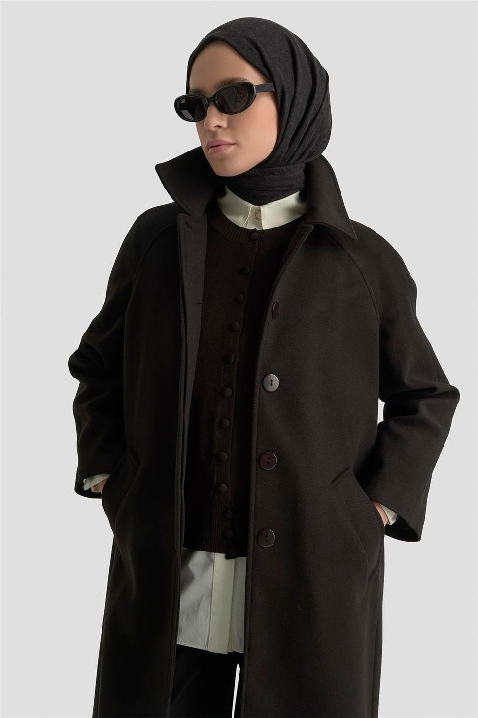 Armine Oversize Kaşe Manto 25KT1708 Siyah görsel 4