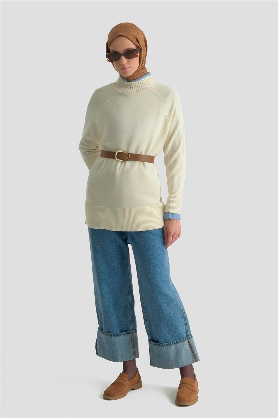 Armine Düğmeli Basic Oversize Kazak 25KD6016 Ekru görsel 2
