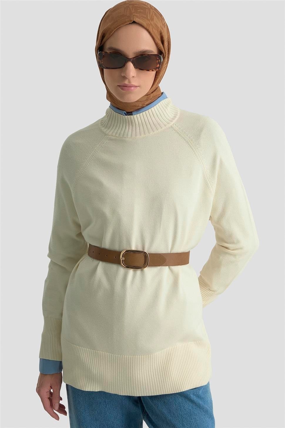 Armine Düğmeli Basic Oversize Kazak 25KD6016 Ekru görsel 3
