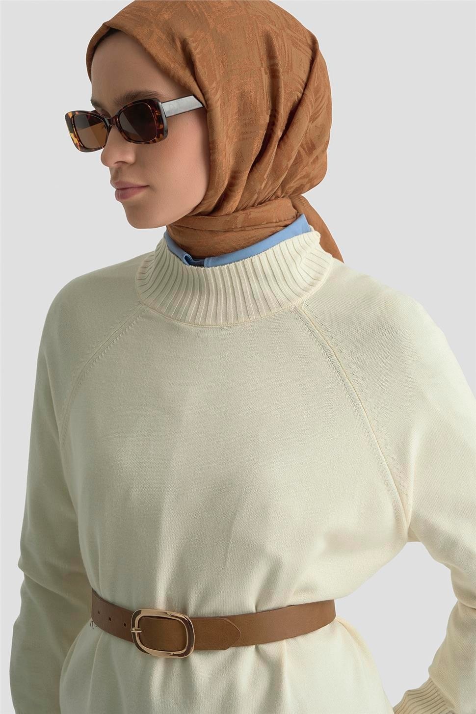 Armine Düğmeli Basic Oversize Kazak 25KD6016 Ekru görsel 4