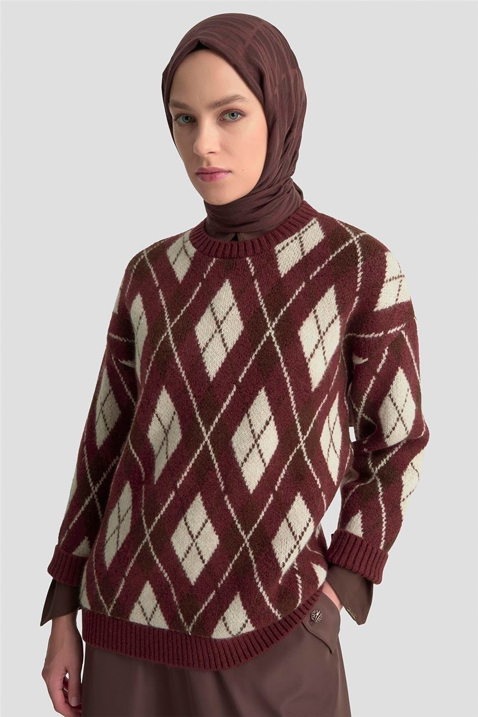 Armine Baklava Desenli Kazak 25KD6004 Bordo