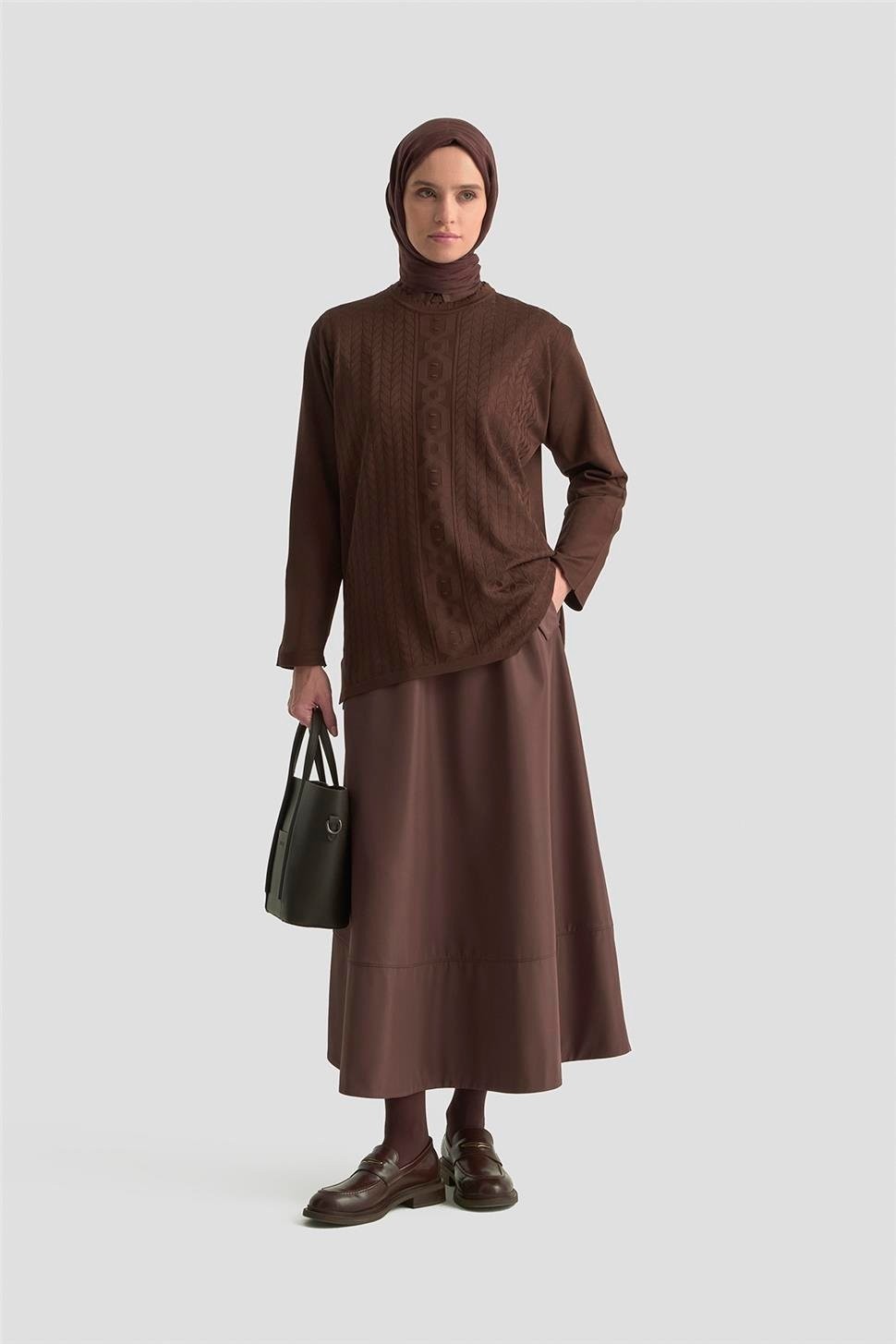 Armine Örgü Desenli Kazak 25KD7004 Kahverengi görsel 2