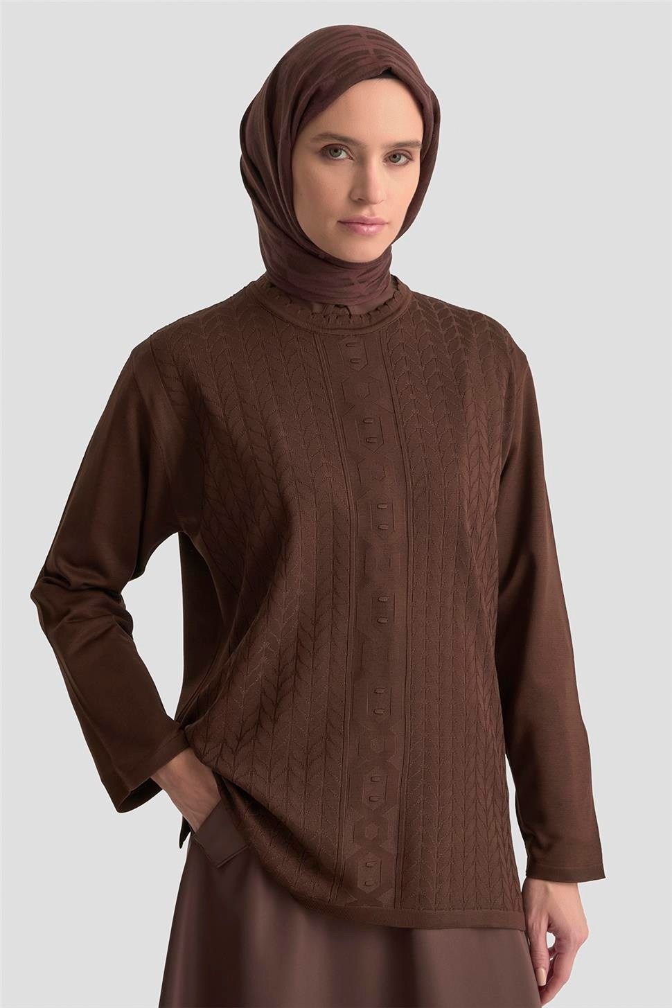 Armine Örgü Desenli Kazak 25KD7004 Kahverengi görsel 3