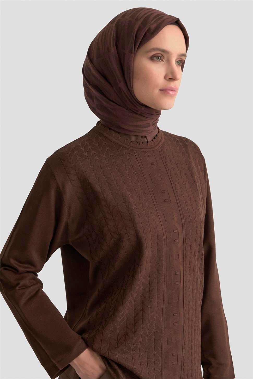 Armine Örgü Desenli Kazak 25KD7004 Kahverengi görsel 4