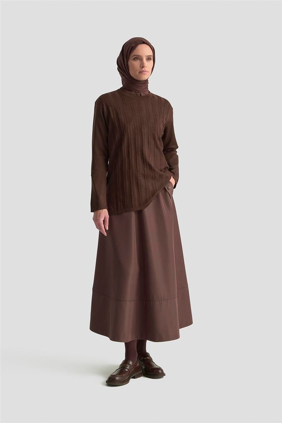 Armine Örgü Desenli Kazak 25KD7004 Kahverengi görsel 6