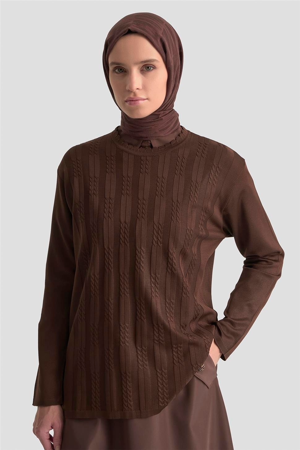 Armine Örgü Desenli Kazak 25KD7004 Kahverengi görsel 8