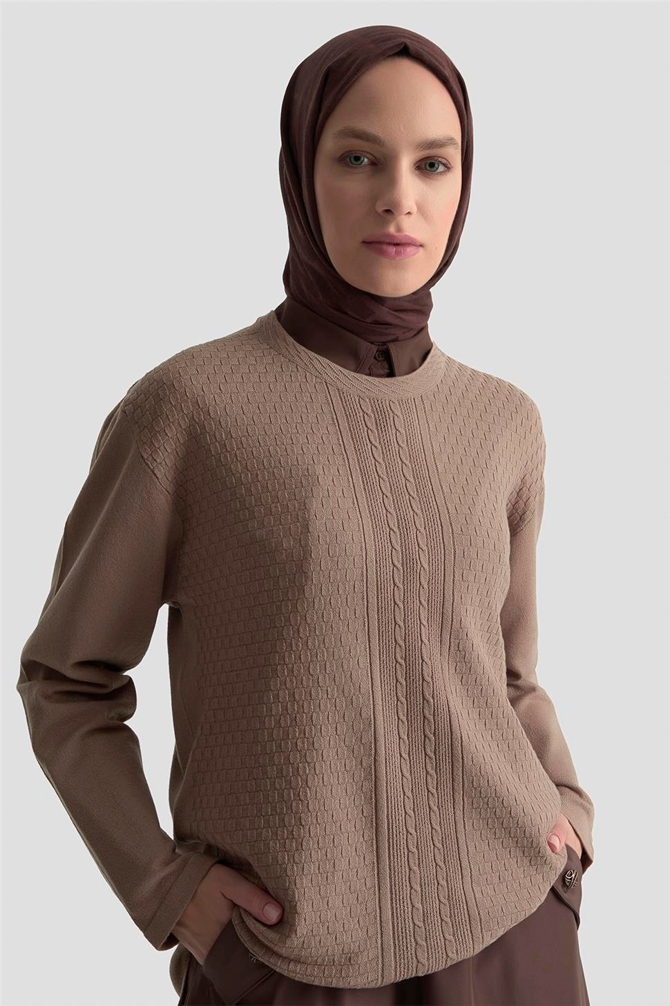 Armine Desenli Kazak 25KD7008 Vizon görsel 3