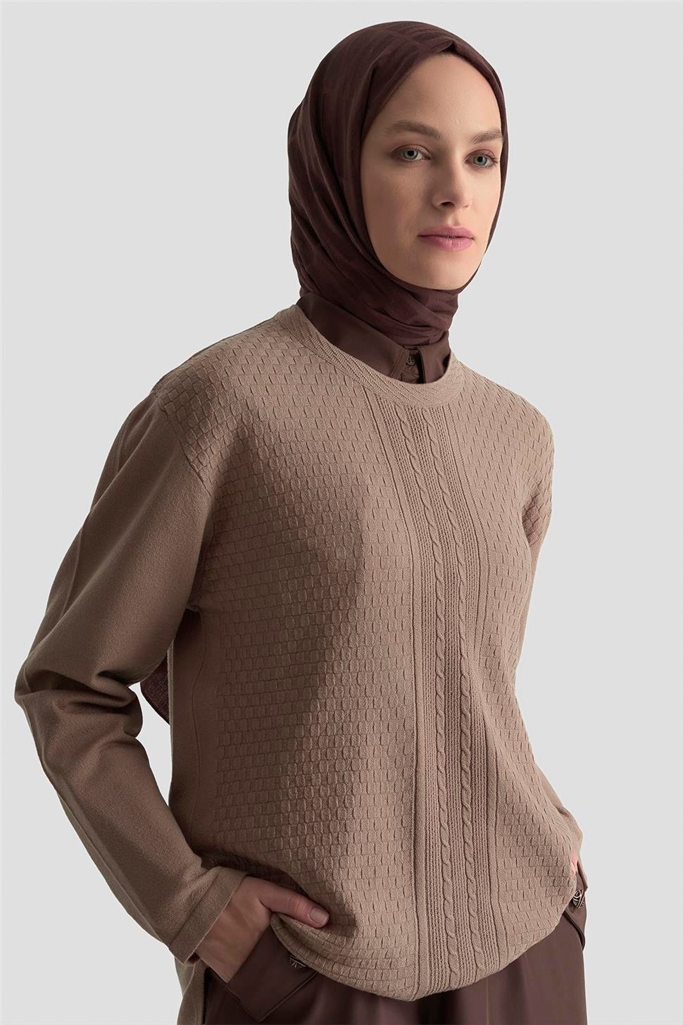 Armine Desenli Kazak 25KD7008 Vizon görsel 4