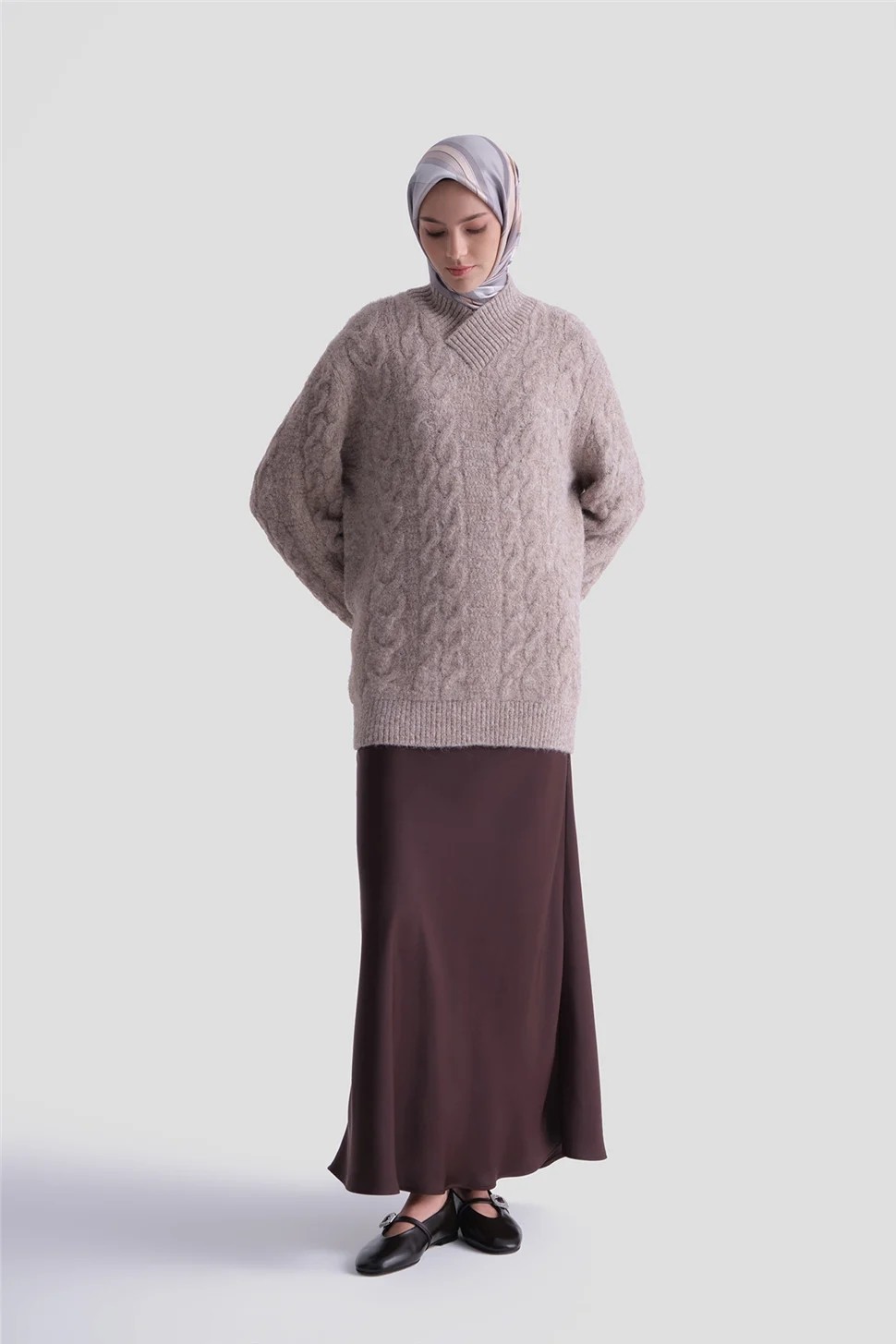 Armine Saç Örgü Desenli Kazak 25KD6002 Ekru - Vizon görsel 2