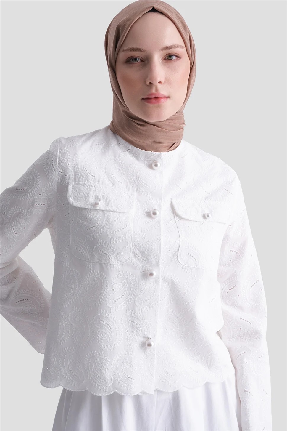 Armine Incili Brode Ceket Ekru