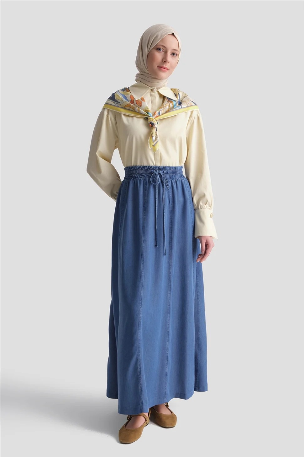 Armine Lastikli Tencel Etek Mavi