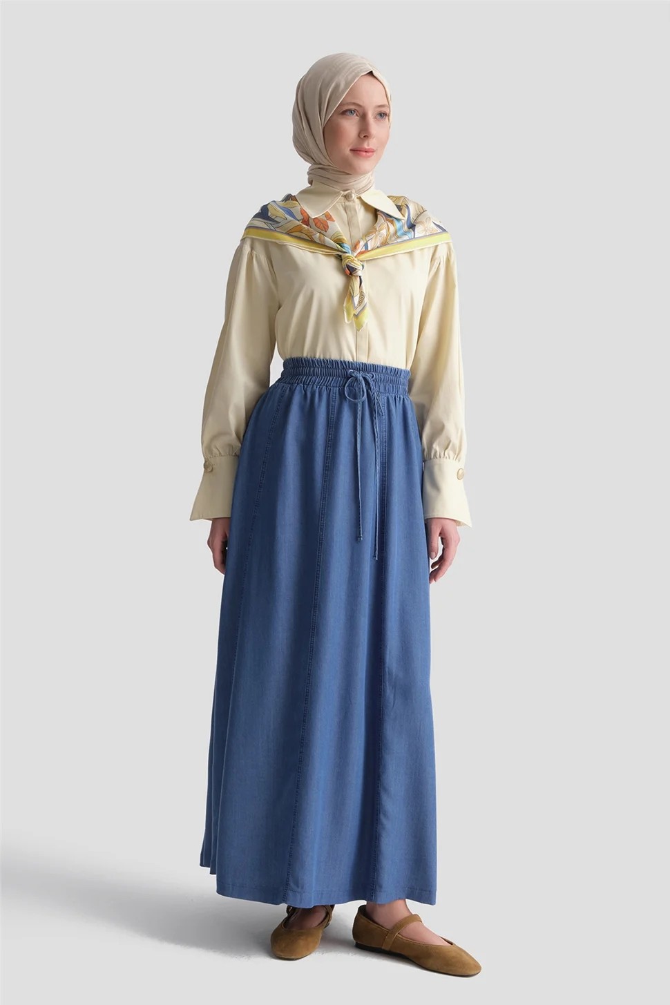 Armine Lastikli Tencel Etek Mavi görsel 2