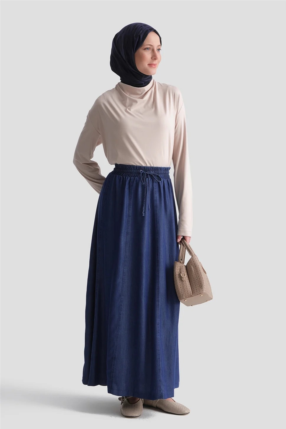 Armine Lastikli Tencel Etek Indigo
