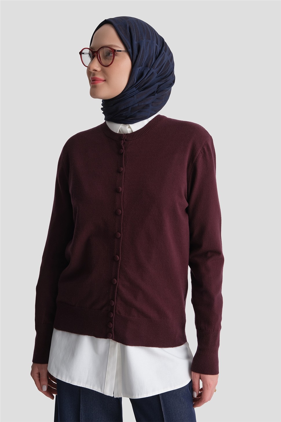 Armine Düğme Detaylı Basic Hırka Bordo görsel 4