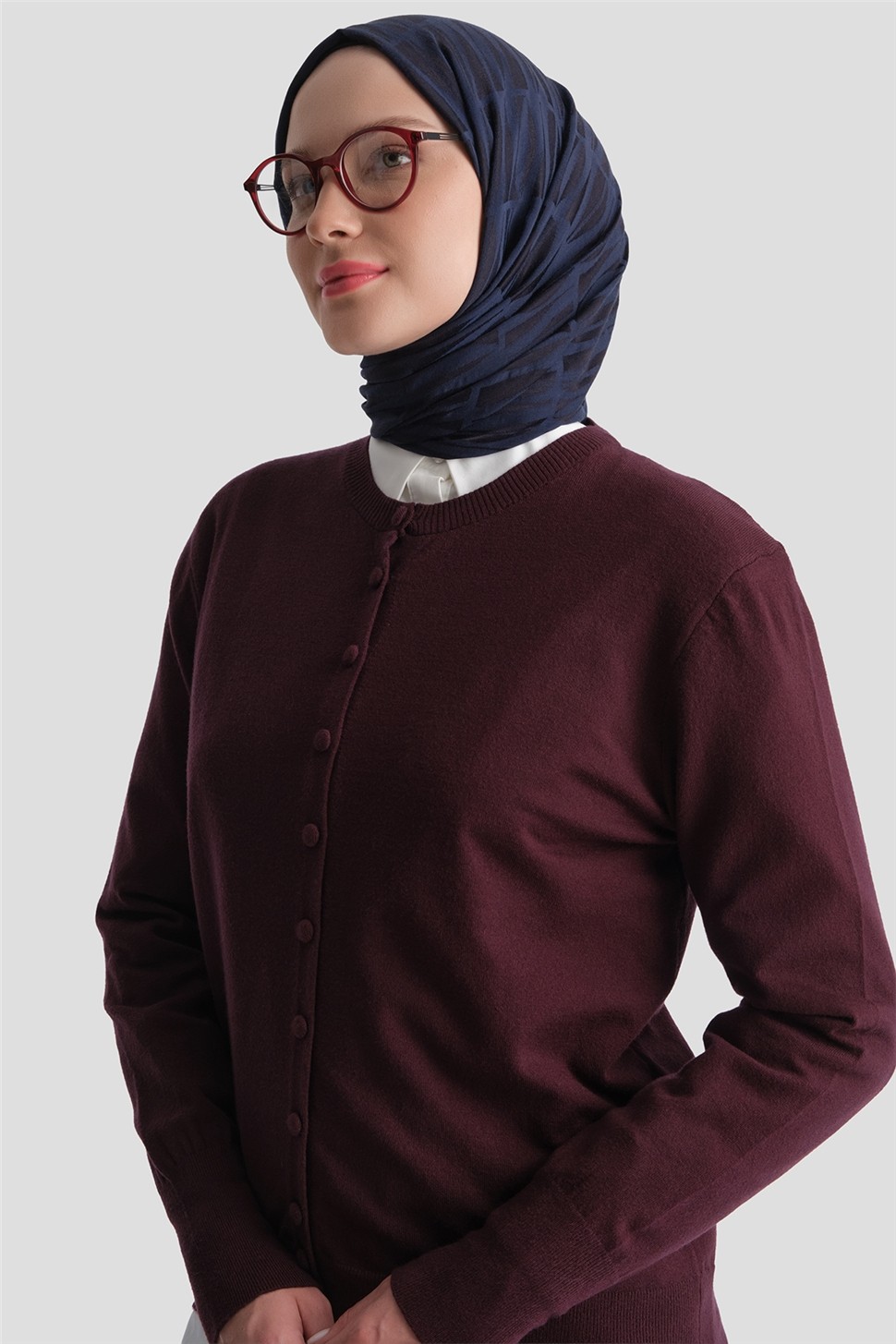 Armine Düğme Detaylı Basic Hırka Bordo görsel 5