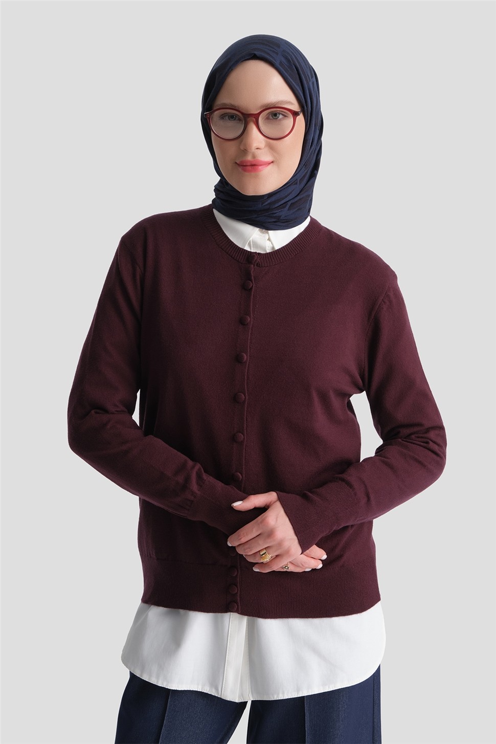 Armine Düğme Detaylı Basic Hırka Bordo görsel 6