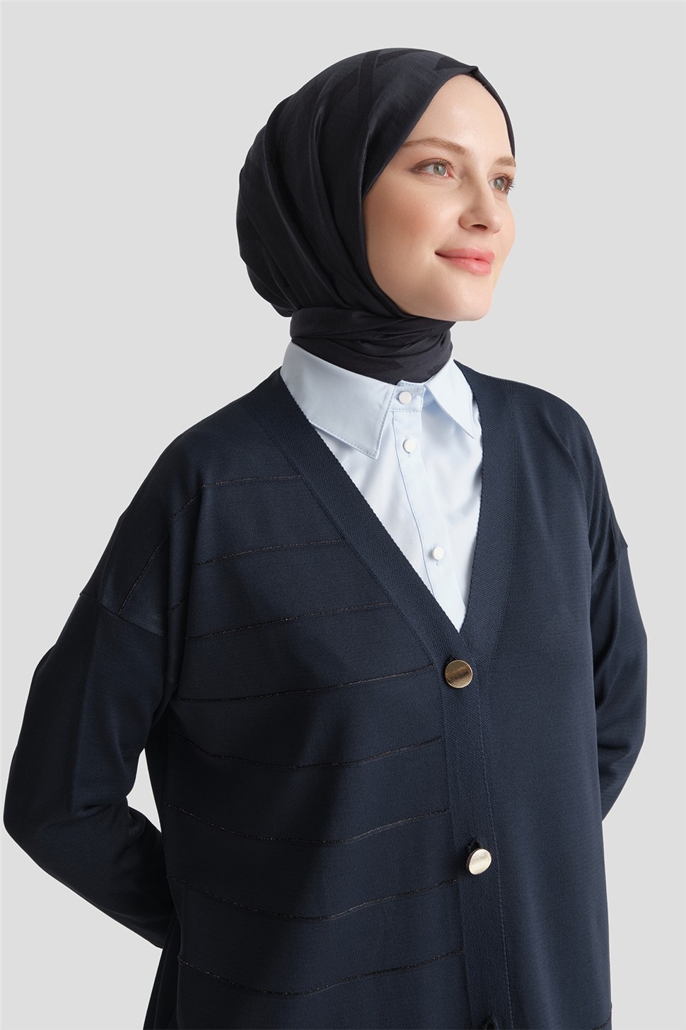 Armine Sim Şeritli Triko Hırka Lacivert görsel 5