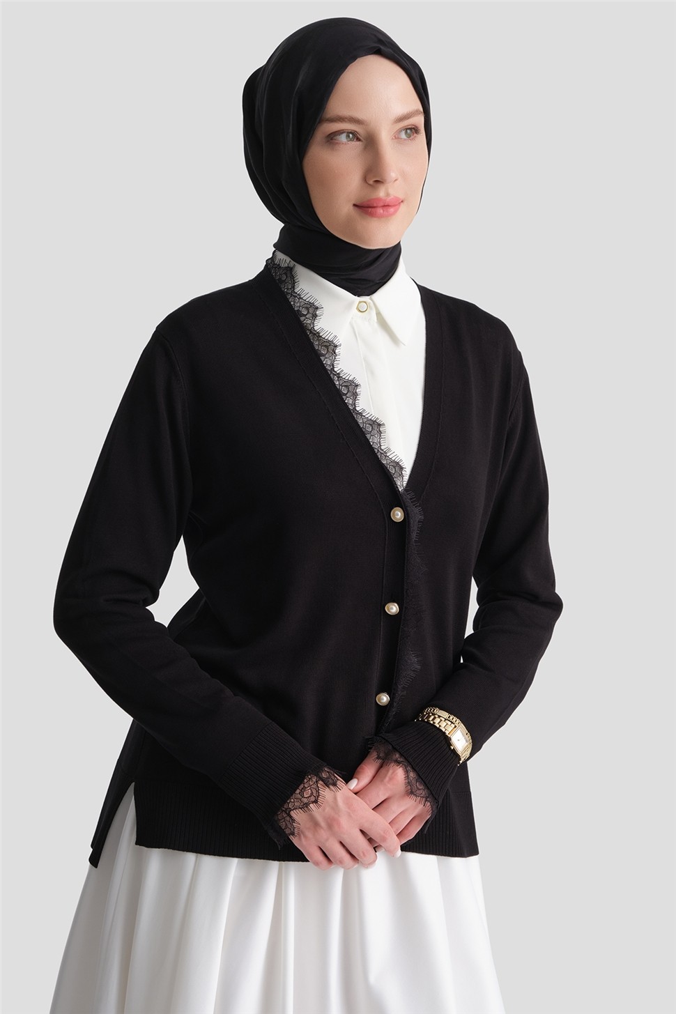 Armine Dantelli Triko Hırka Siyah