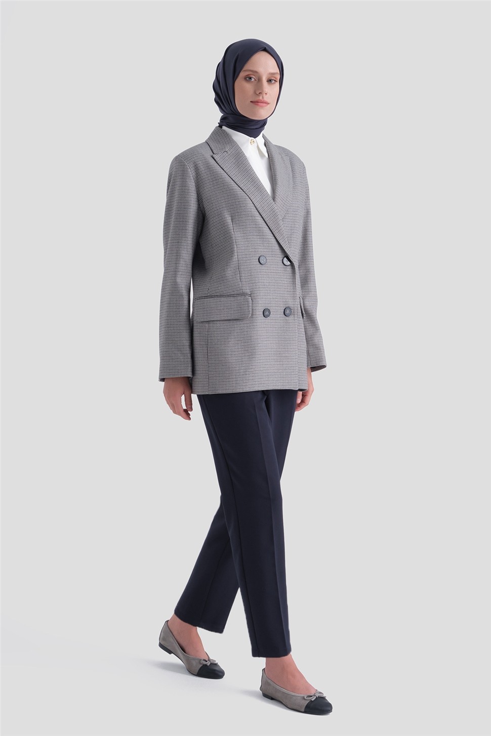 Armine Pullu Ekose Desen Blazer Ceket Gri görsel 2