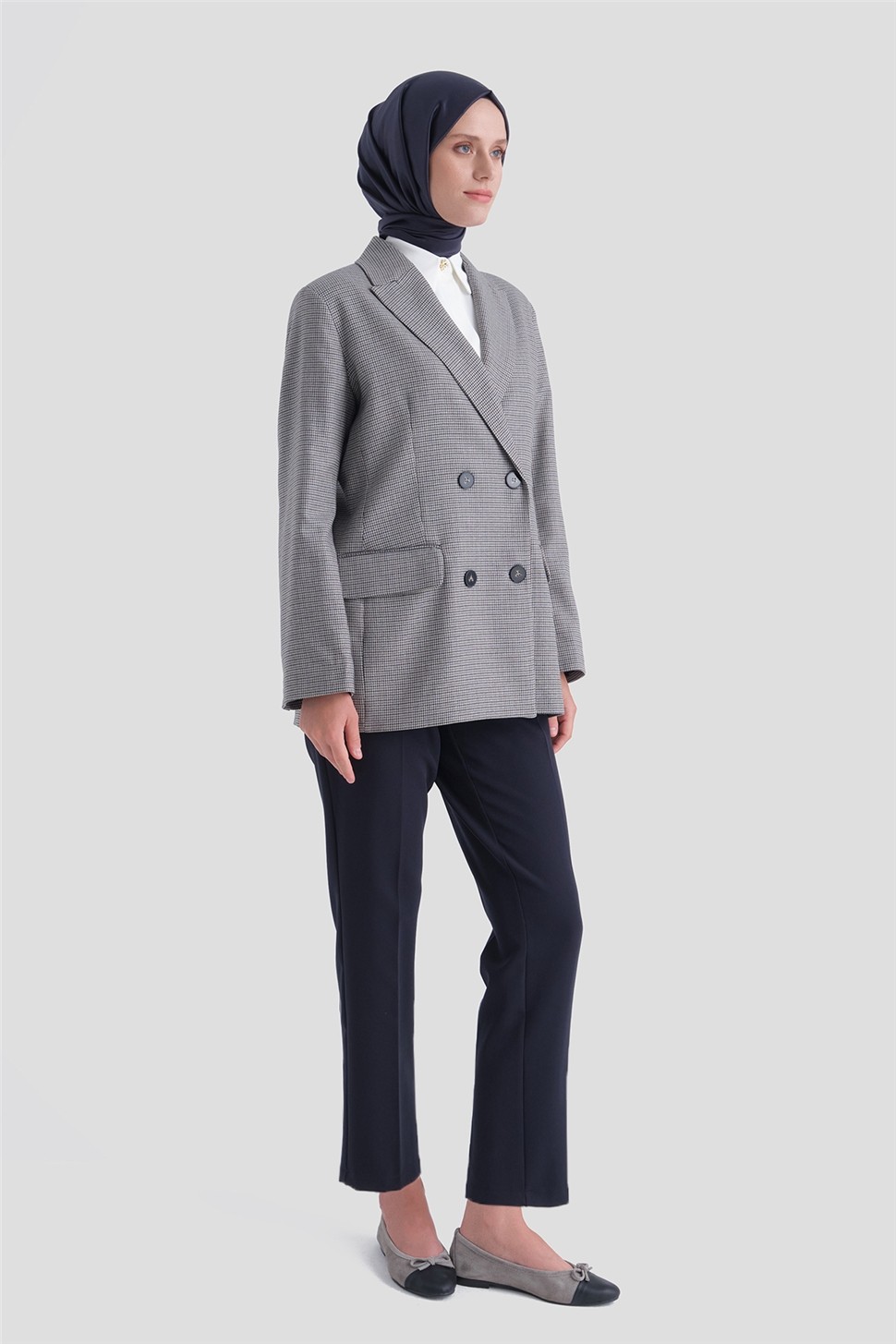 Armine Pullu Ekose Desen Blazer Ceket Gri görsel 3