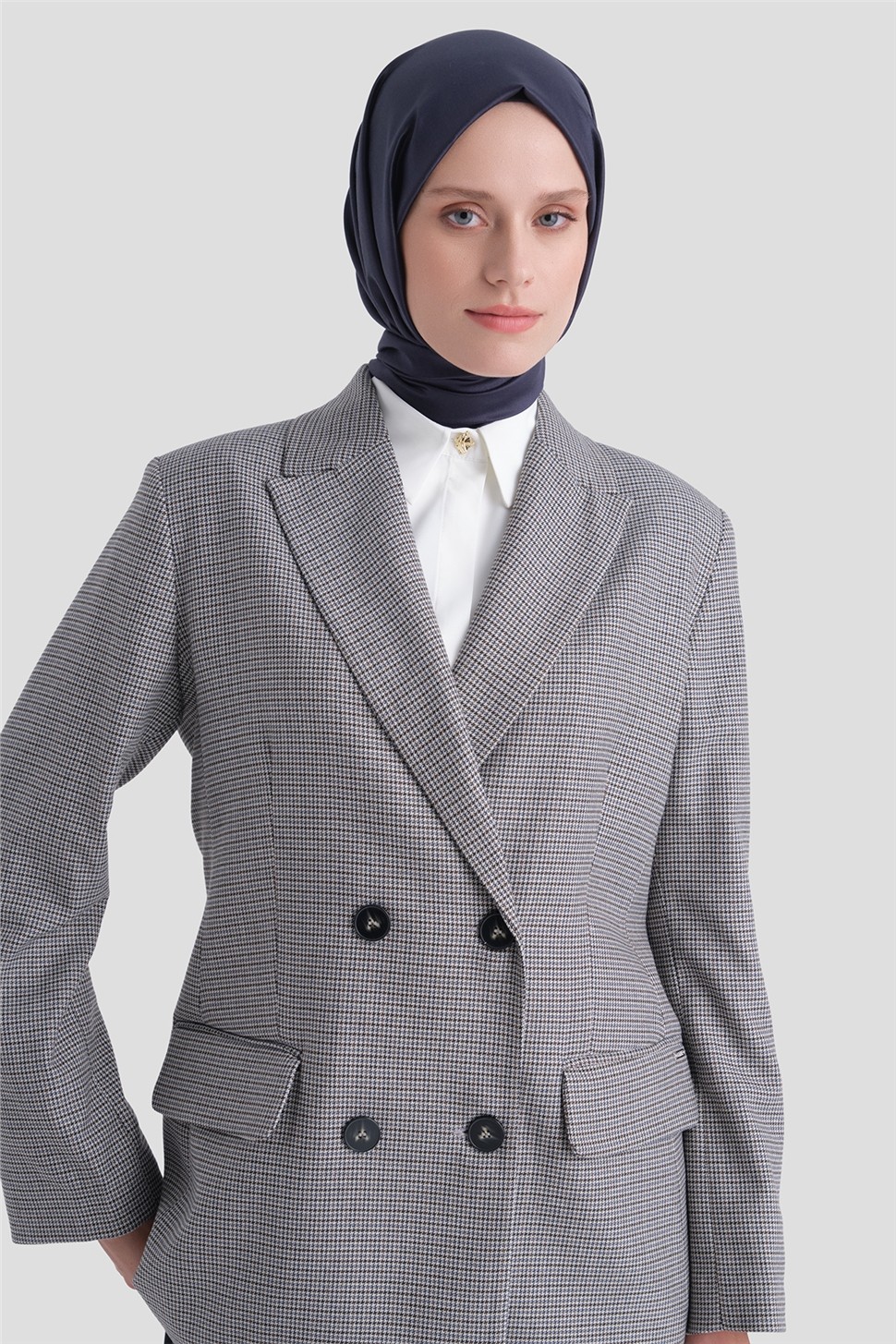 Armine Pullu Ekose Desen Blazer Ceket Gri görsel 4