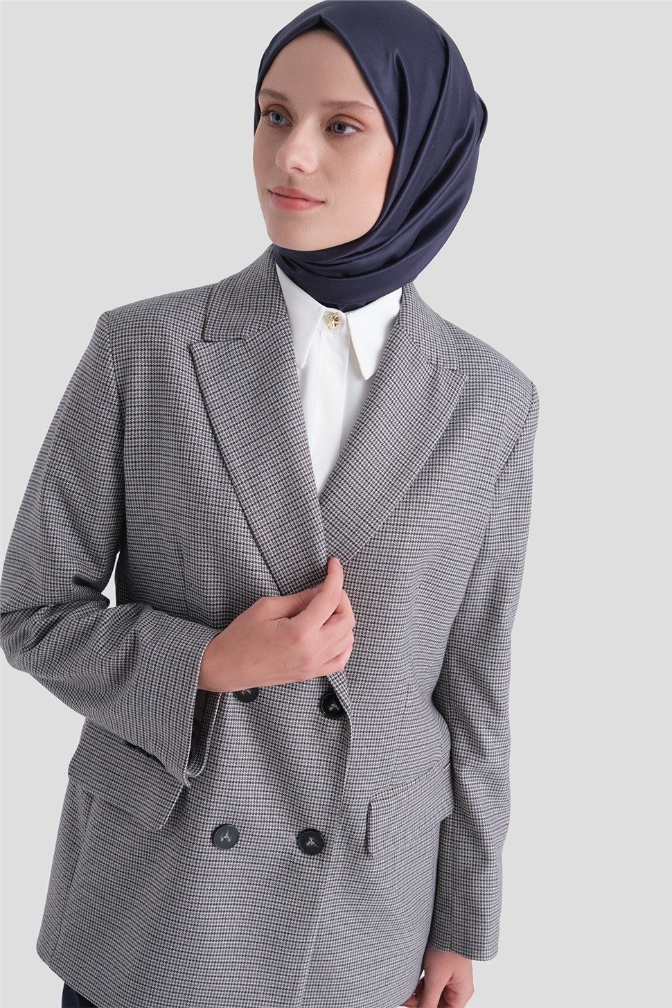 Armine Pullu Ekose Desen Blazer Ceket Gri görsel 5
