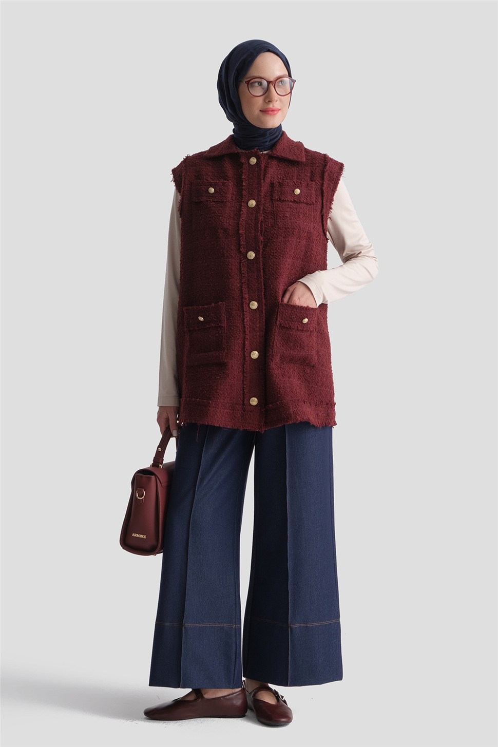 Armine Simli Tüvit Yelek Bordo görsel 2