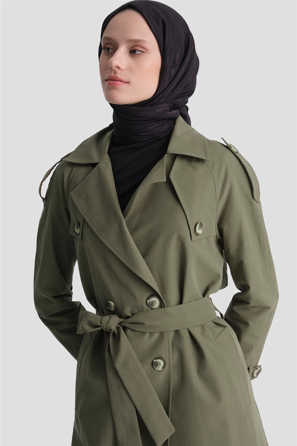 Armine Basic Uzun Trençkot Haki görsel 3
