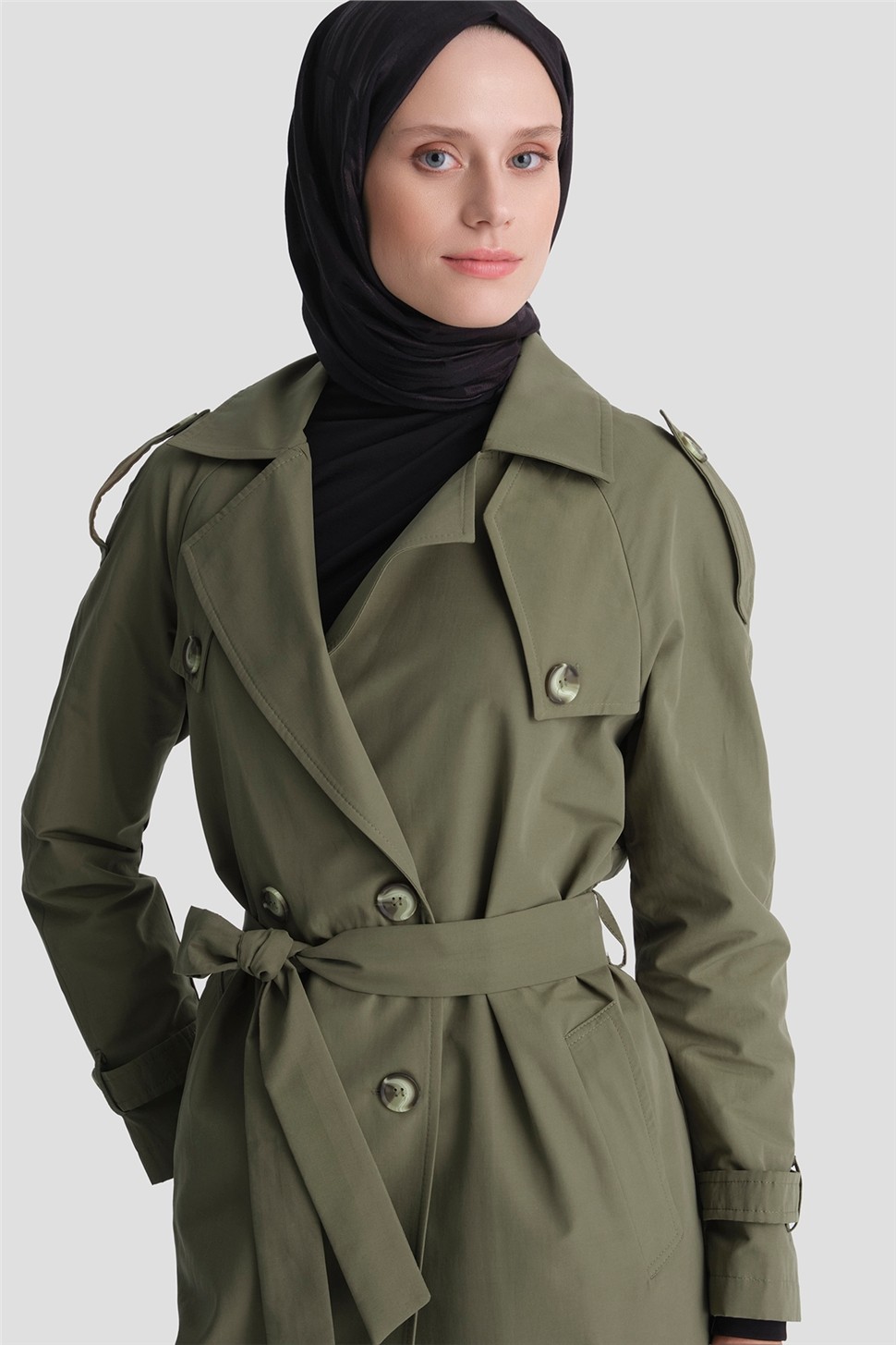 Armine Basic Uzun Trençkot Haki görsel 4