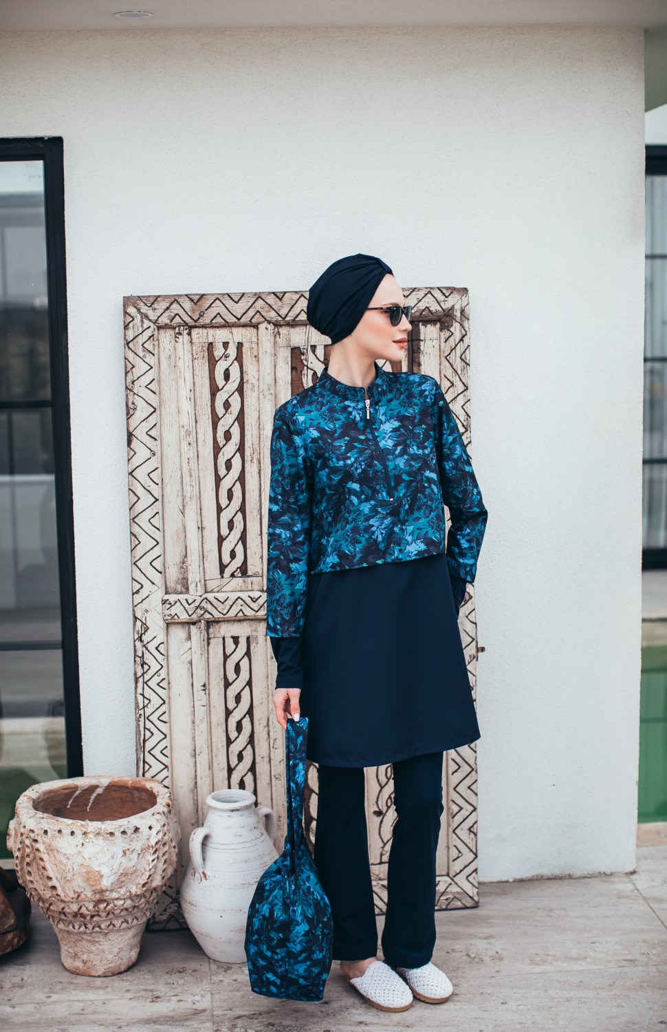Massmizo Midnight Blue Kadın Kısa Desenli Fermuarlı Tam Kapalı Tesettür Mayo 3'lu Set görsel 3