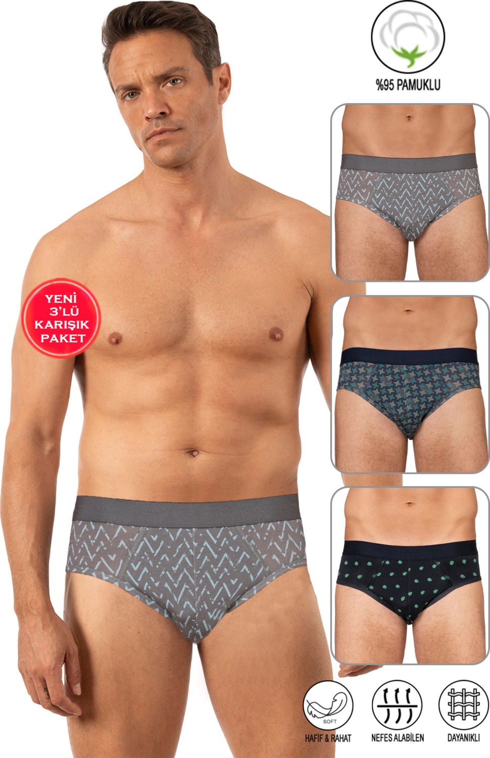 Özkan Underwear Özkan 11302 3'lü Paket Erkek %95 Pamuklu Likralı Süprem Kumaş Desenli Esnek Rahat Slip Külot görsel 2