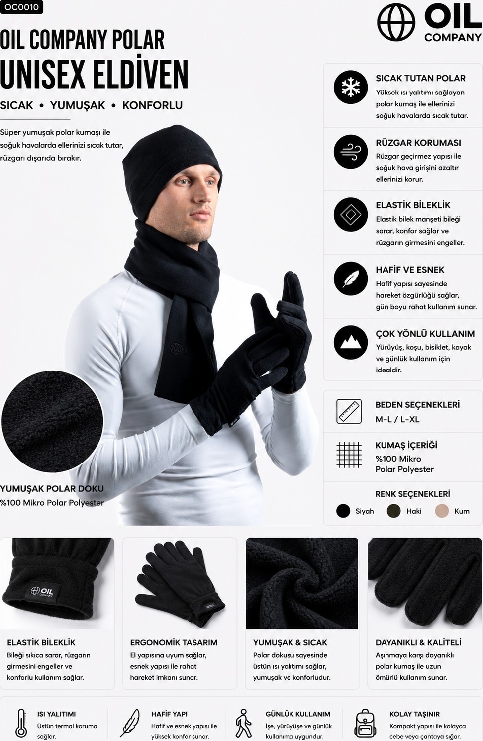 Oil Company Siyah Polar Unisex Eldiven Trend