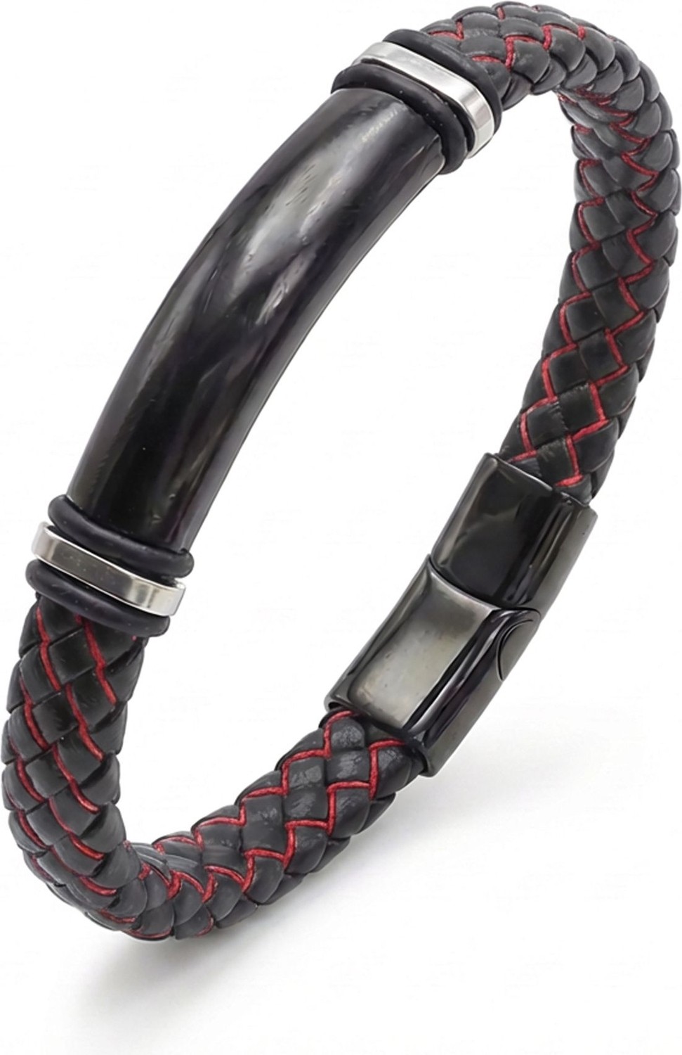 Fm 💎 Premium İsim Yazılabilir Kırmızı Siyah Deri Ve Siyah Titanyum Kilit Bileklik 31833B15D7 - 20 cm görsel 5