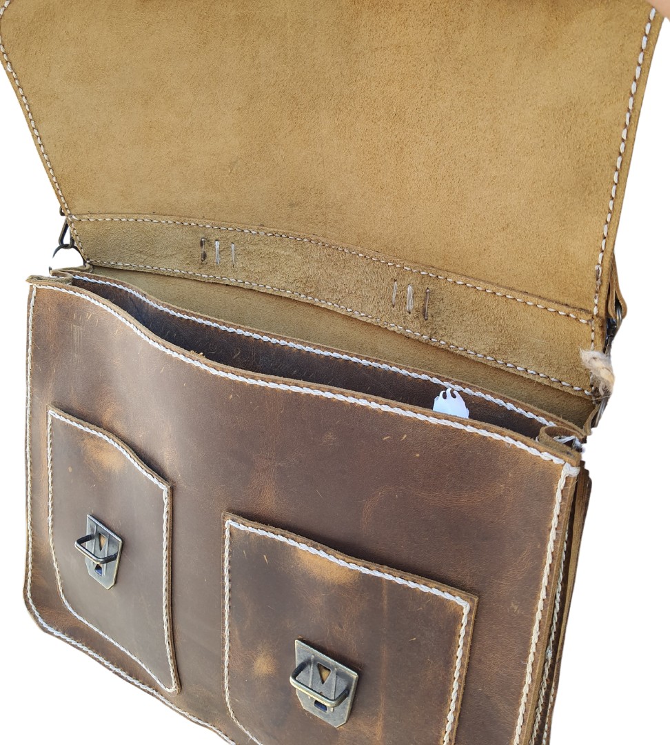 Semiramis Zeus Model Deri El Yapımı Çift Körüklü Evrak Çantası Unisex Taba Vintage Model görsel 4